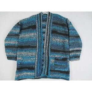Handmade Crocheted Womens Sweater Coat Blue Black Pocket L/XL Boho Lagenlook